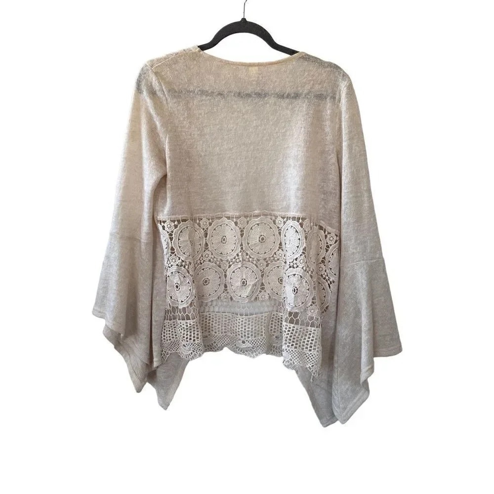 Alya Knit Crochet Cardigan Sweater Boho Long Sleeve Cream Soft Womens Size Small